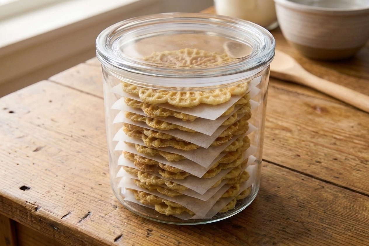 Crisp pizzelle cookies stacked in an airtight container with parchment between layers on a kitchen counter