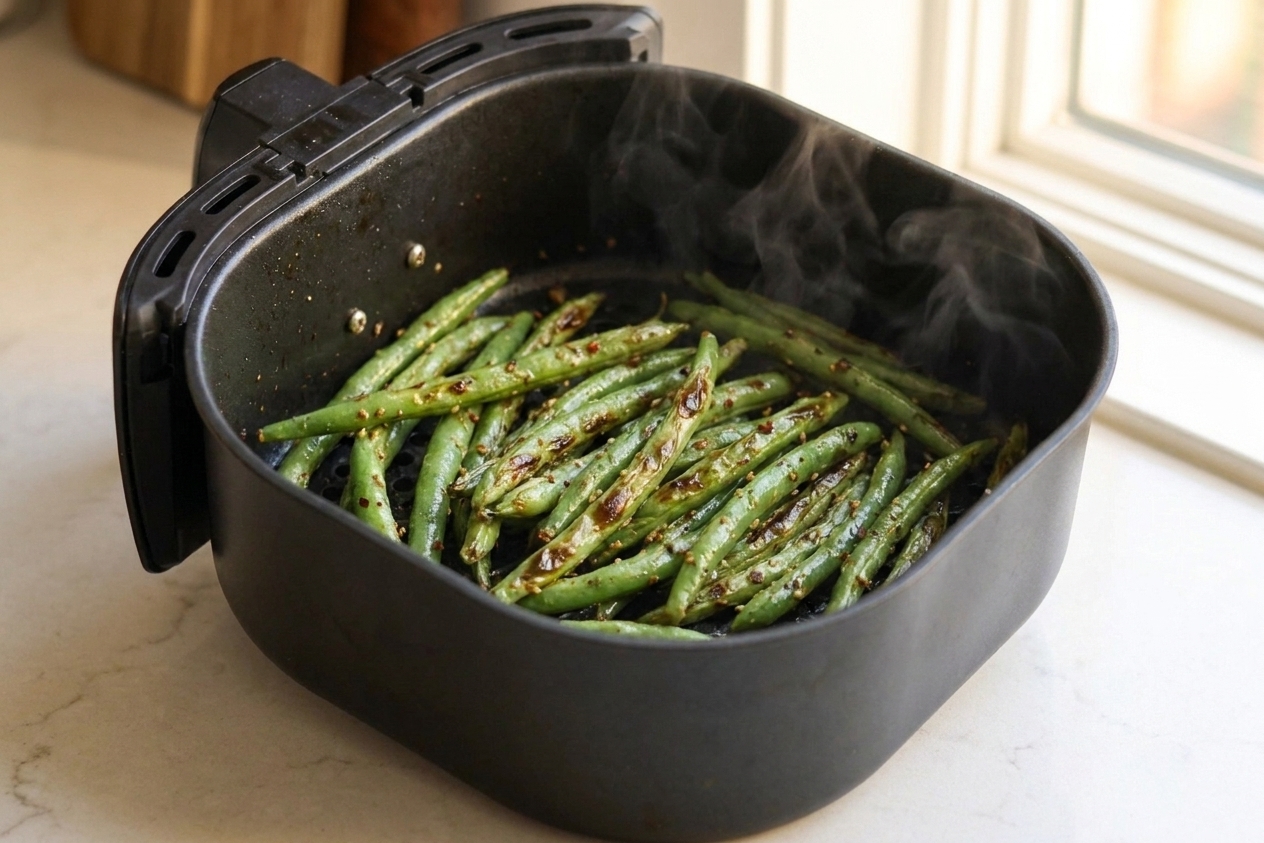 Crisp-tender green beans with browned blistered spots resting in an air fryer basket just after cooking