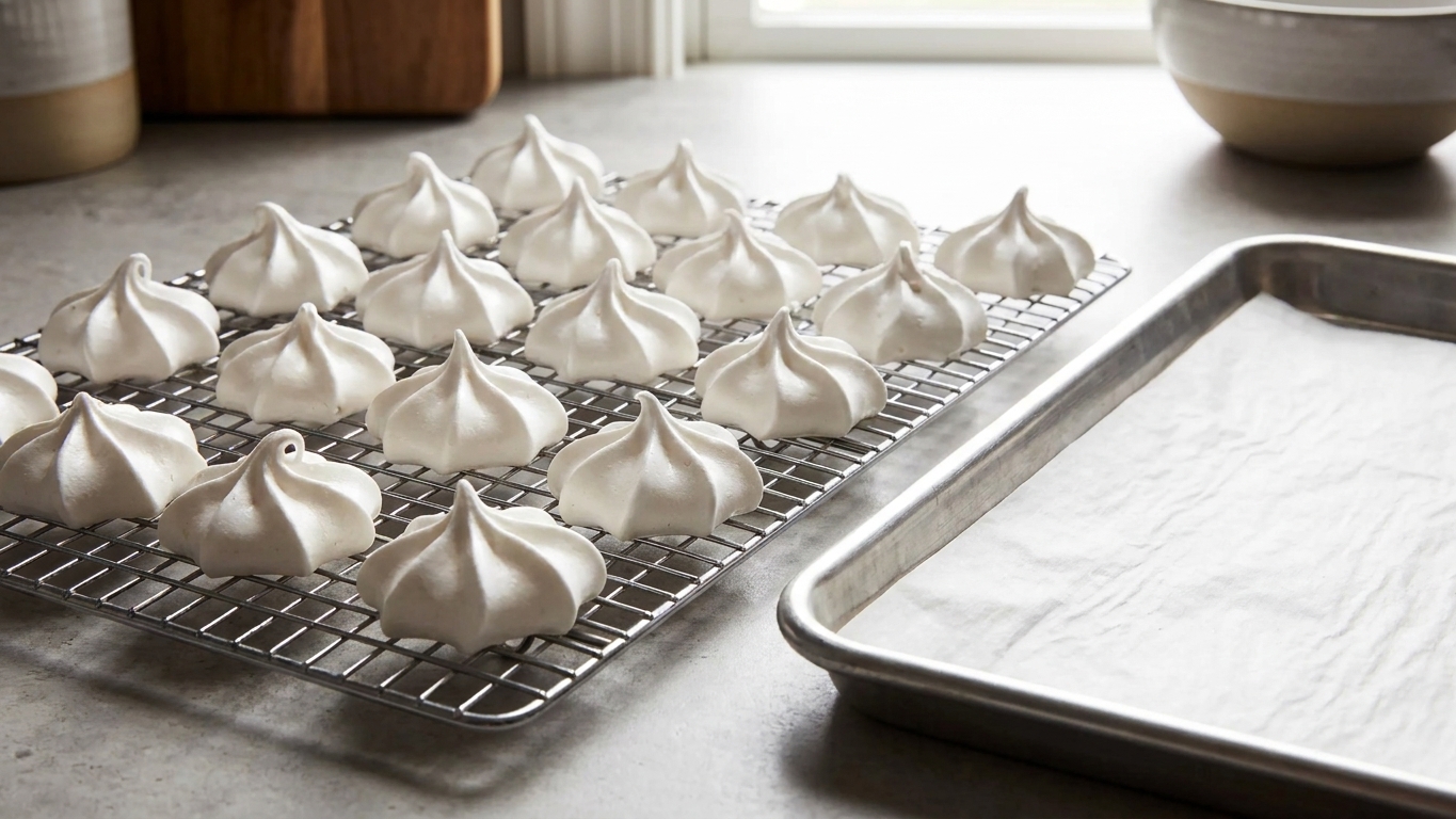 Crisp vanilla meringue cookies cooling on a wire rack beside a parchment-lined baking sheet in a softly lit kitchen