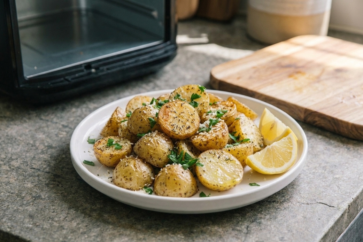 Crispy air fryer potatoes plated on a white dish, finished with chopped parsley and lemon wedges on the side