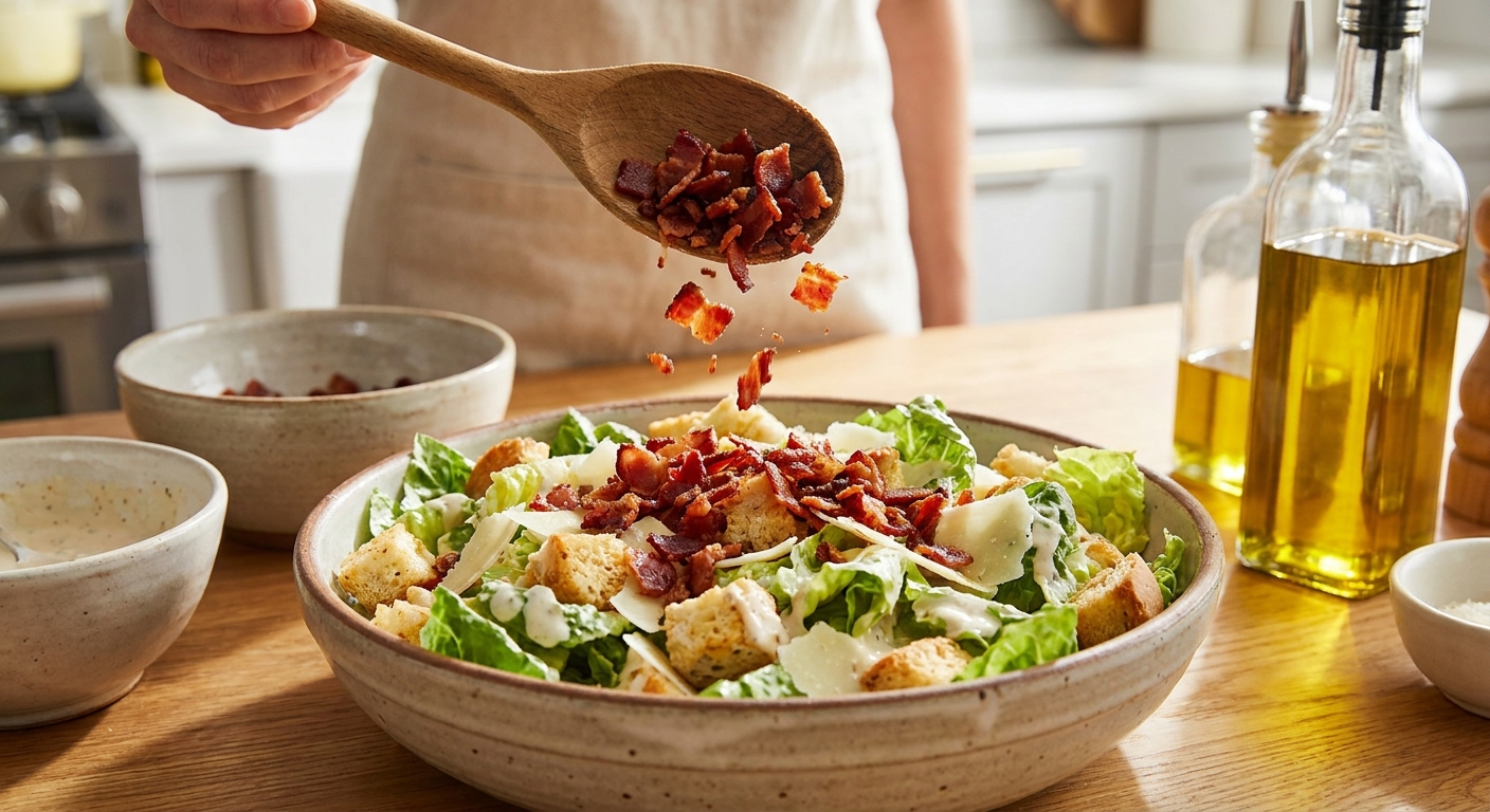 Crispy bacon crumbles being sprinkled over a Caesar salad