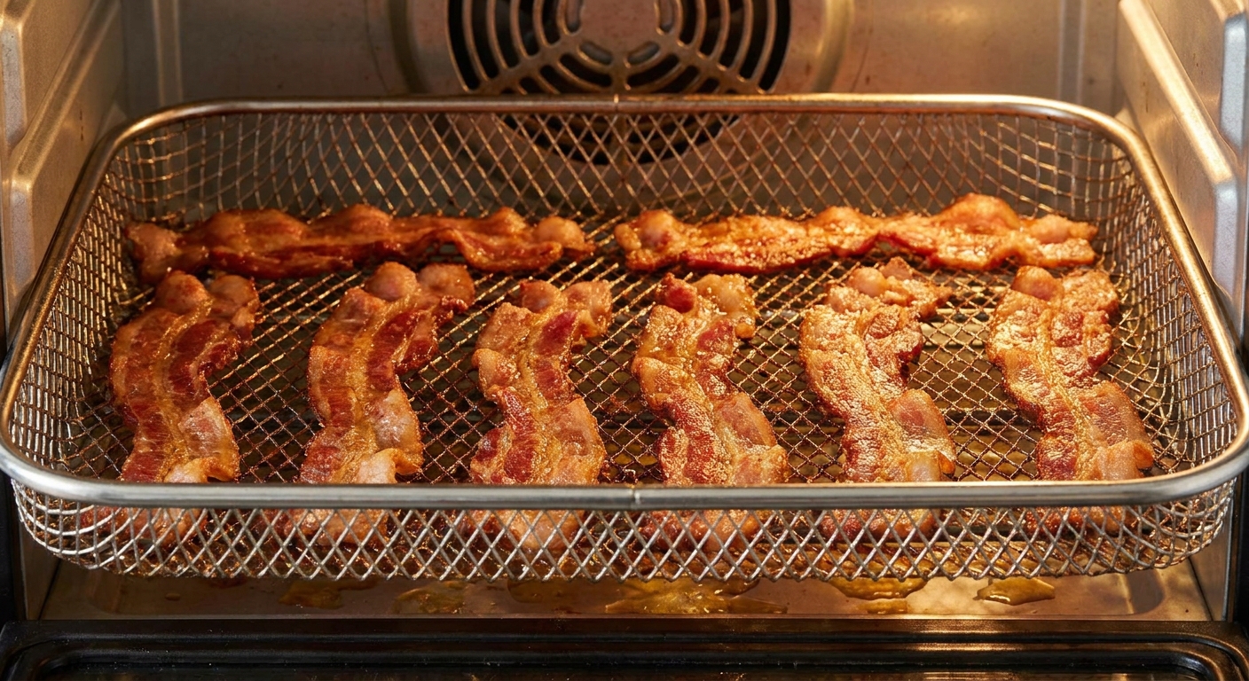 Crispy bacon strips arranged in a single layer inside an air fryer basket