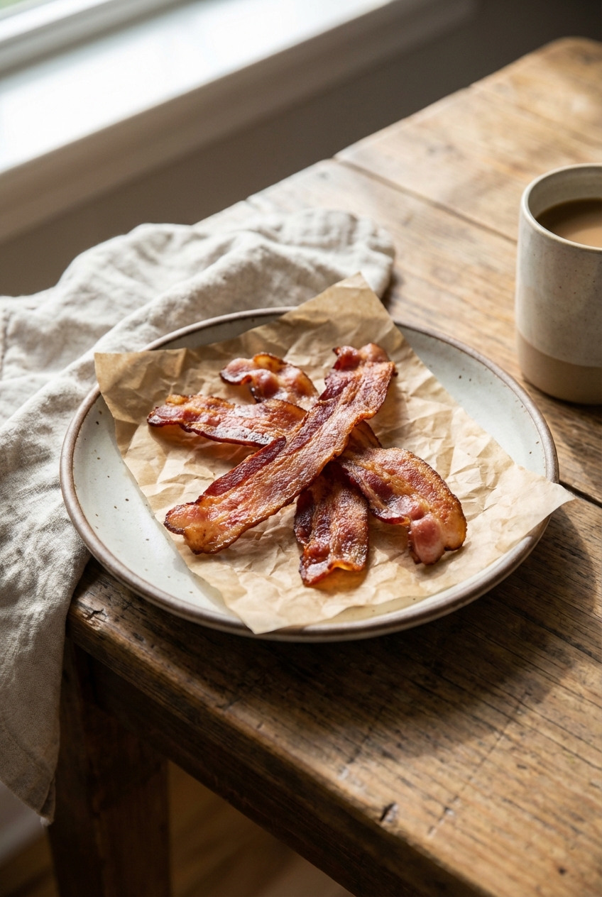 Crispy bacon strips on a parchment-lined plate