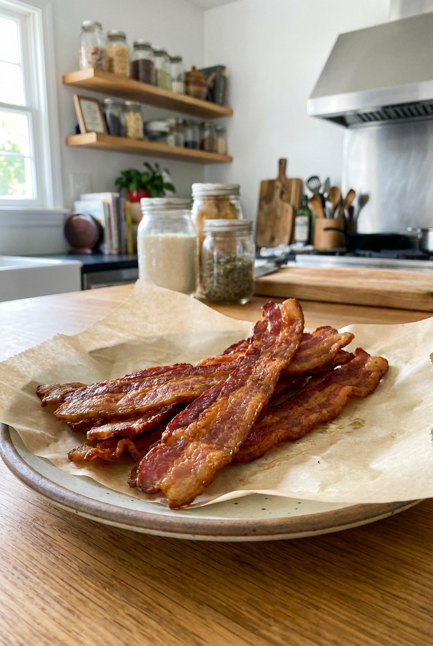 Crispy bacon strips on a plate lined with parchment paper