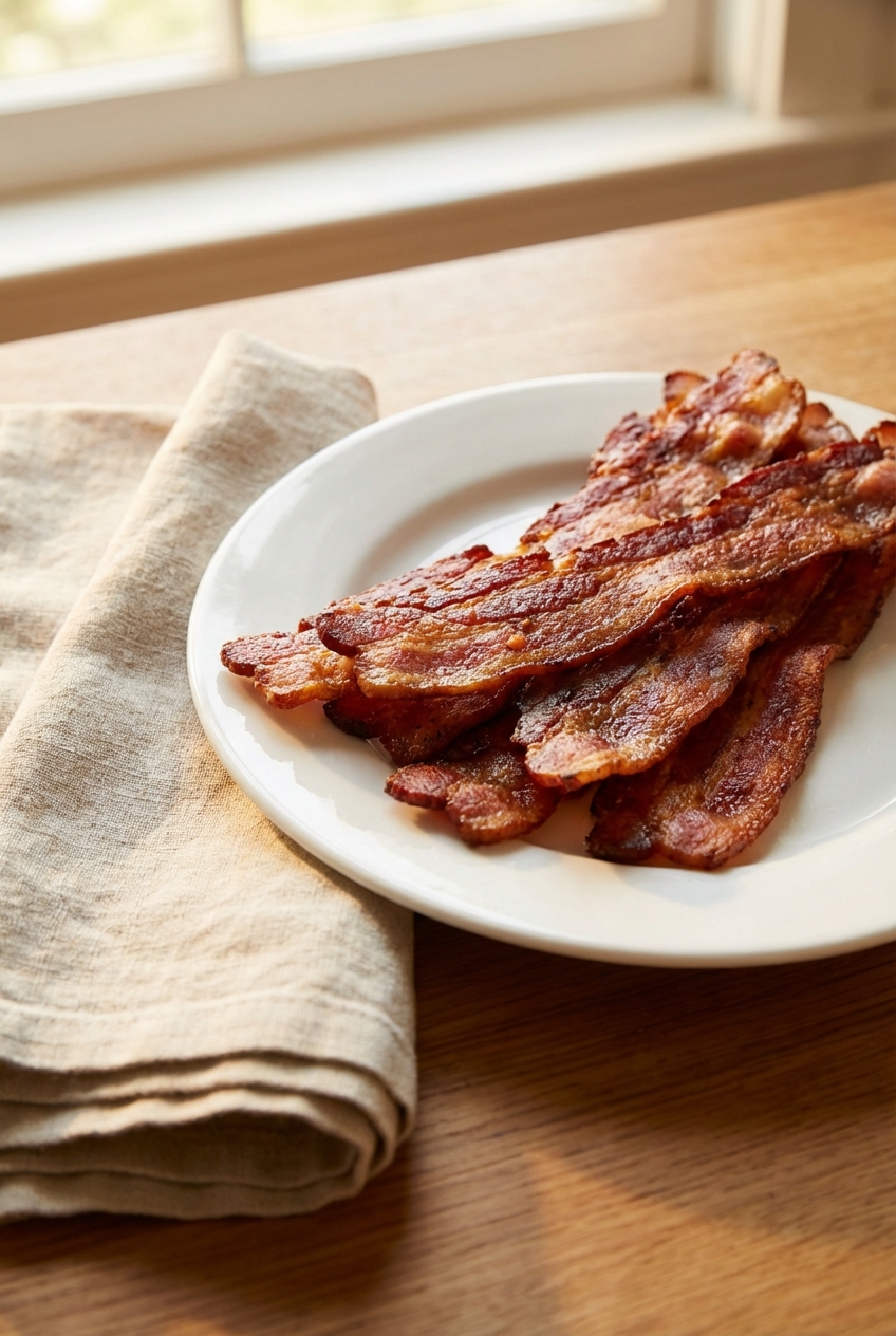 Crispy bacon strips on a plate with a linen napkin