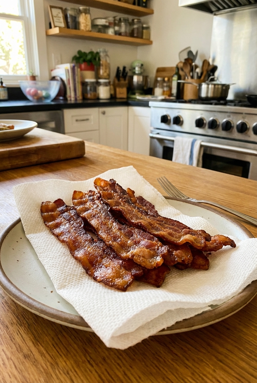Crispy bacon strips on a plate with a paper towel