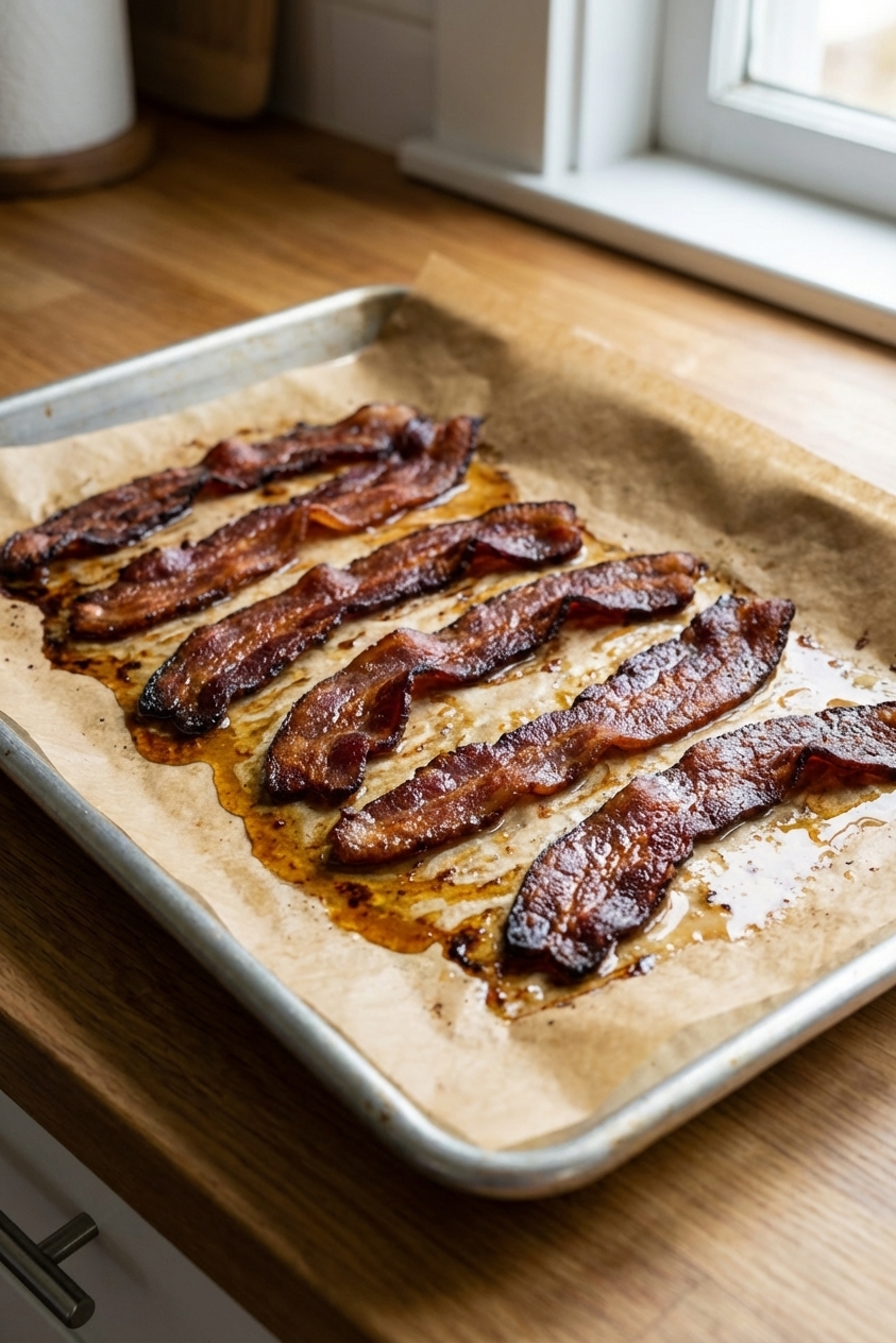 Crispy bacon strips on a sheet pan lined with parchment