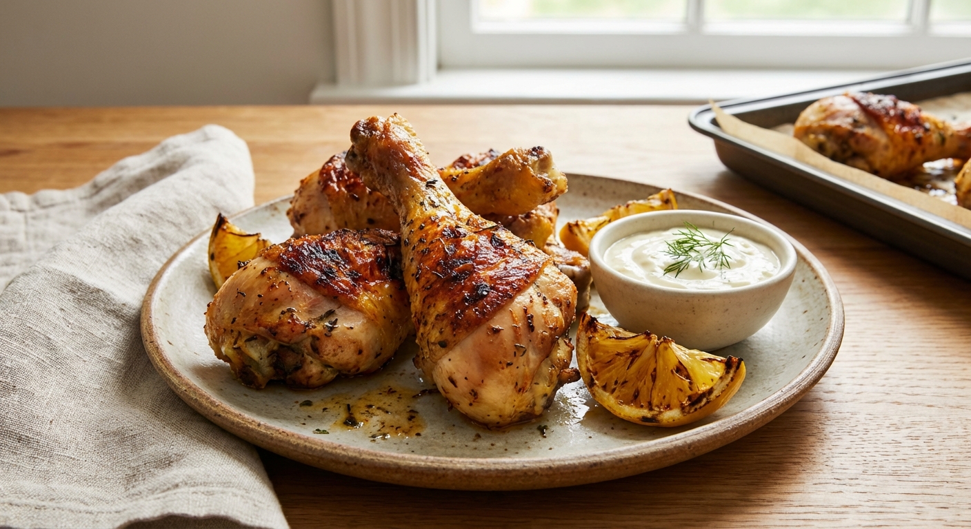 Crispy baked chicken drumsticks plated with lemon wedges and a small bowl of dipping sauce