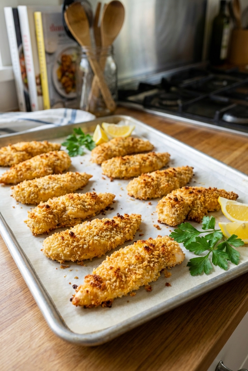 Crispy baked chicken tenders on a sheet pan