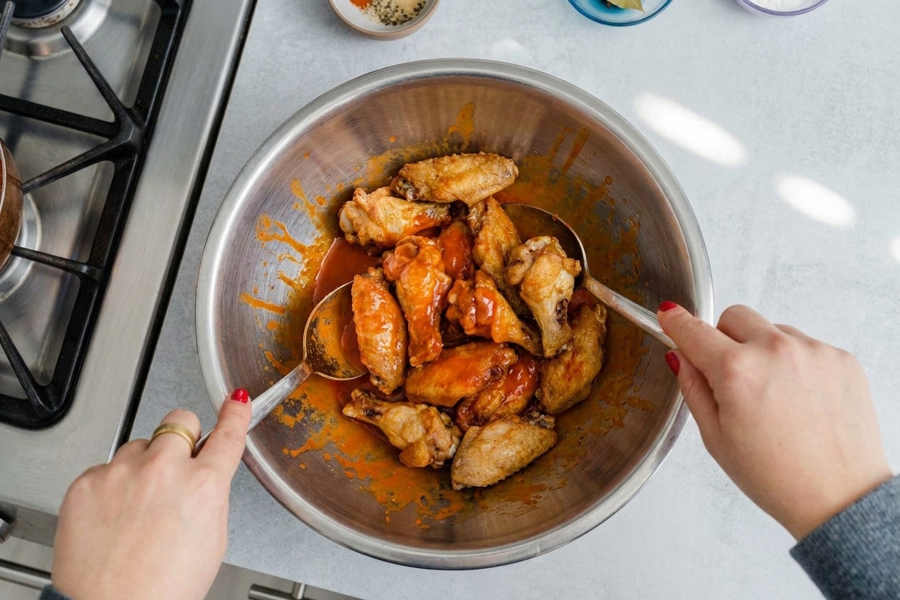 Crispy baked chicken wings being tossed in a stainless steel mixing bowl with bright red hot sauce