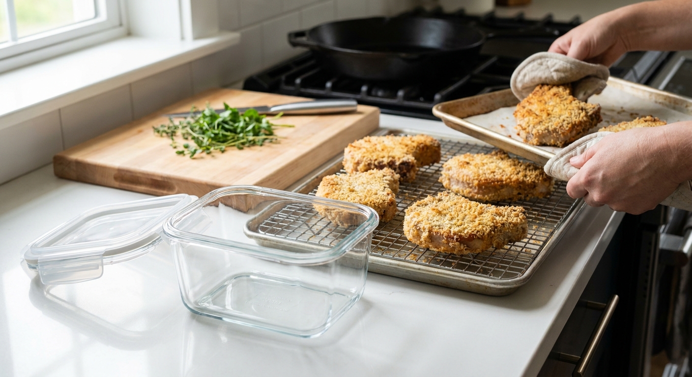 Crispy baked pork chops cooling on a wire rack next to an airtight glass storage container on a kitchen counter