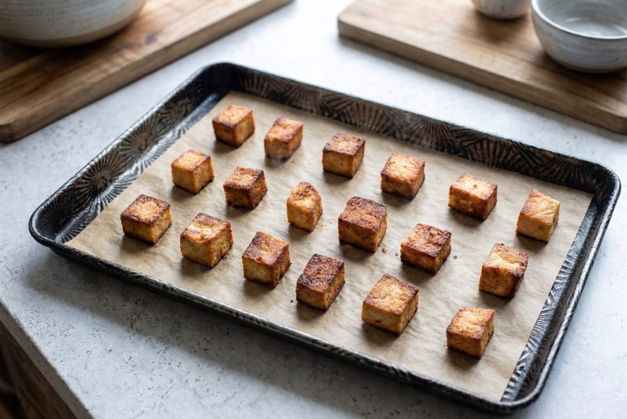 Crispy baked tofu cubes spread out on a parchment-lined sheet pan just out of the oven, with browned edges and space between pieces