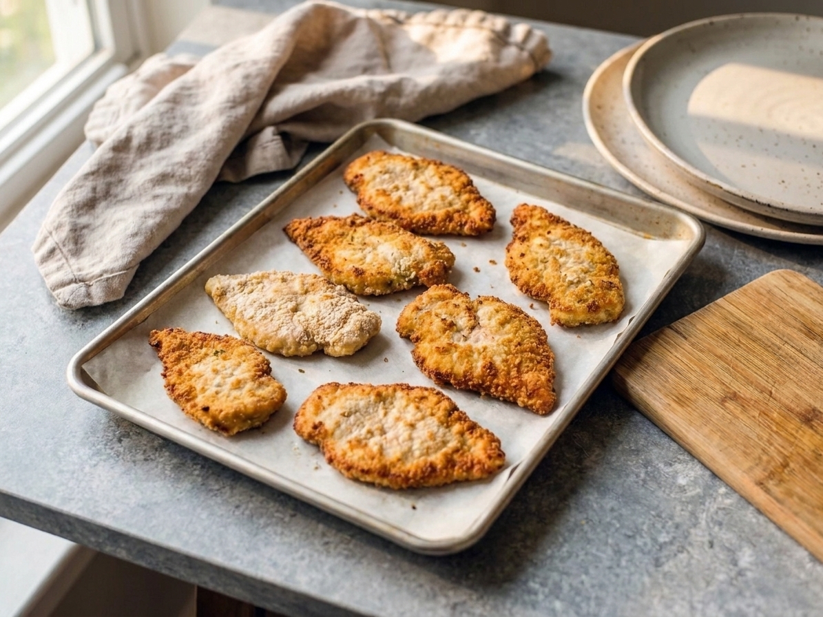 Crispy breaded chicken cutlets arranged on a parchment-lined baking sheet in a home kitchen, ready to reheat in the oven