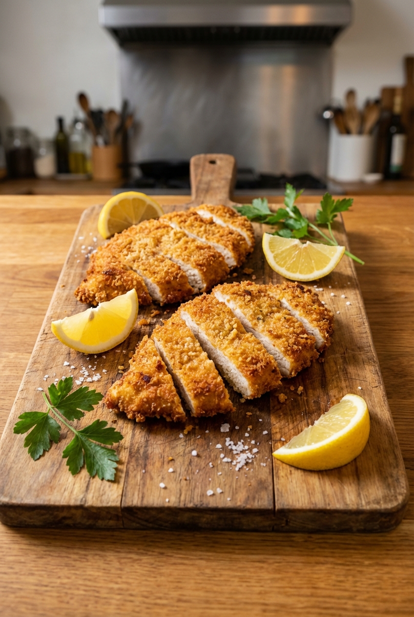 Crispy breaded chicken cutlets sliced on a cutting board with lemon wedges