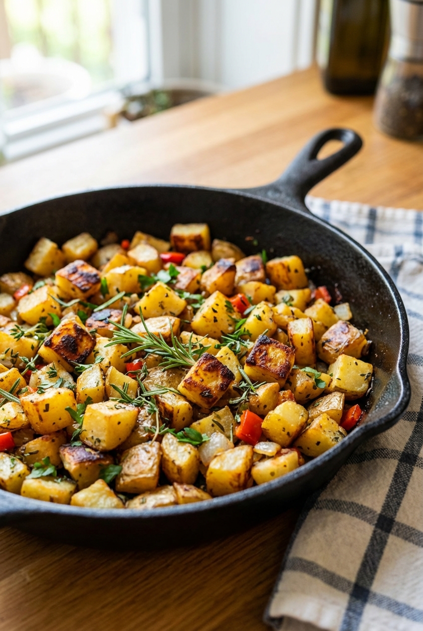 Crispy breakfast potatoes in a skillet with herbs