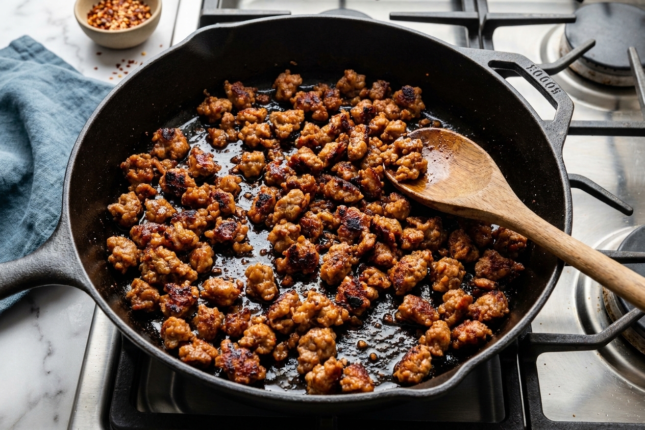 Crispy browned sausage crumbles with rendered fat in a wide skillet on a stovetop