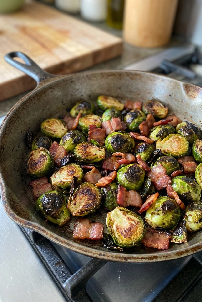 Crispy brussels sprouts with bacon in a cast iron skillet