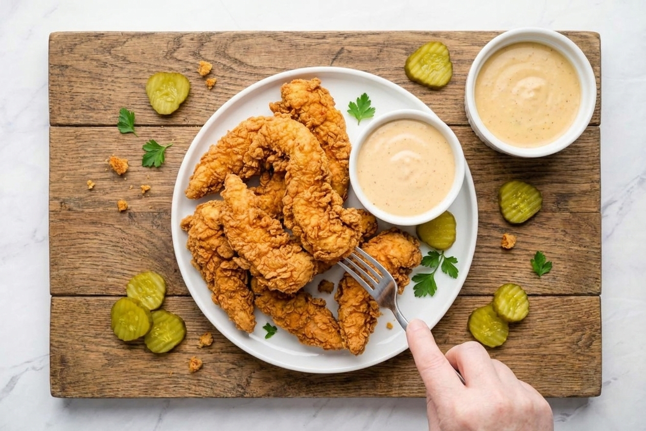 Crispy buttermilk chicken tenders on a white plate with a small bowl of honey mustard and pickle slices on a wooden table