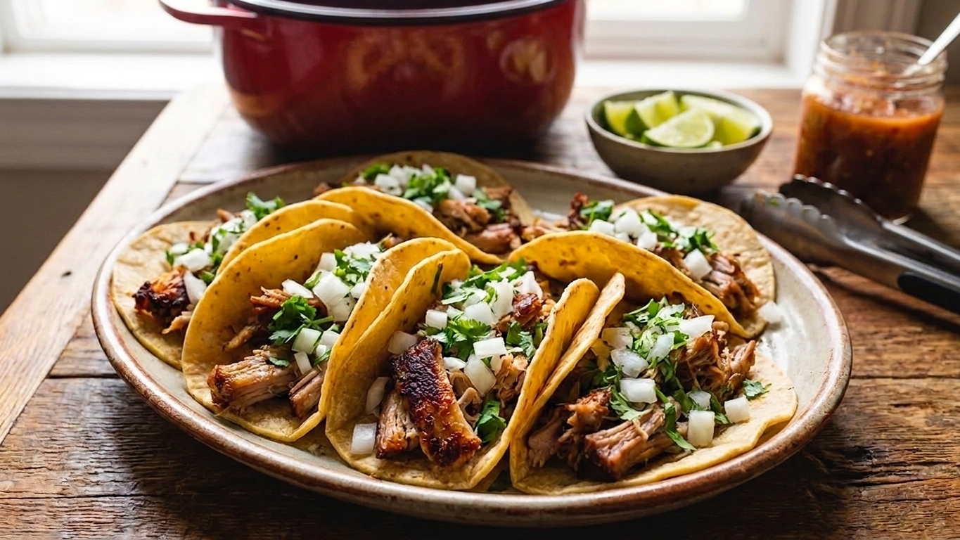 Crispy carnitas piled into corn tortillas and topped with chopped cilantro and diced onion on a warm-toned wooden table