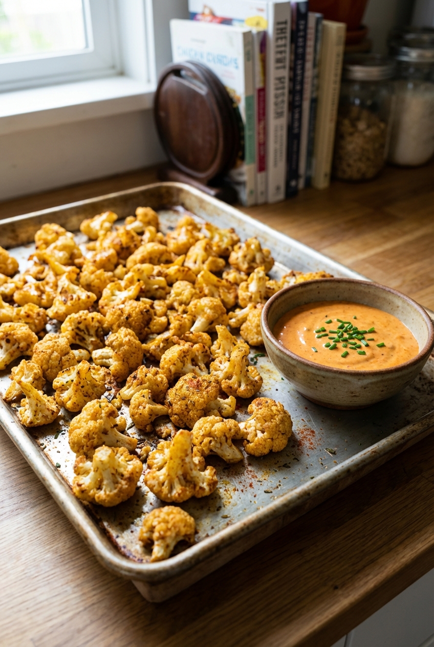 Crispy cauliflower florets on a sheet pan with a small bowl of spicy mayo for dipping