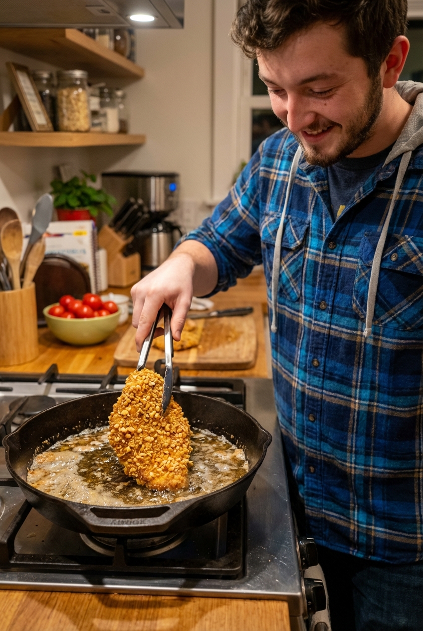 Crispy chicken cutlet frying in a skillet with bubbling oil and a golden nut crust