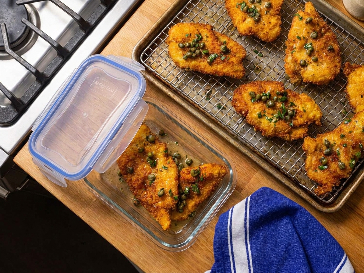 Crispy chicken cutlets cooled on a rack beside an airtight glass container on a kitchen counter, ready for storing leftovers