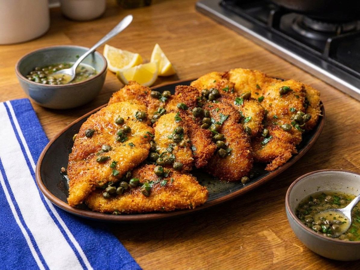 Crispy chicken cutlets on a plate with lemon caper butter sauce spooned over the top, garnished with parsley