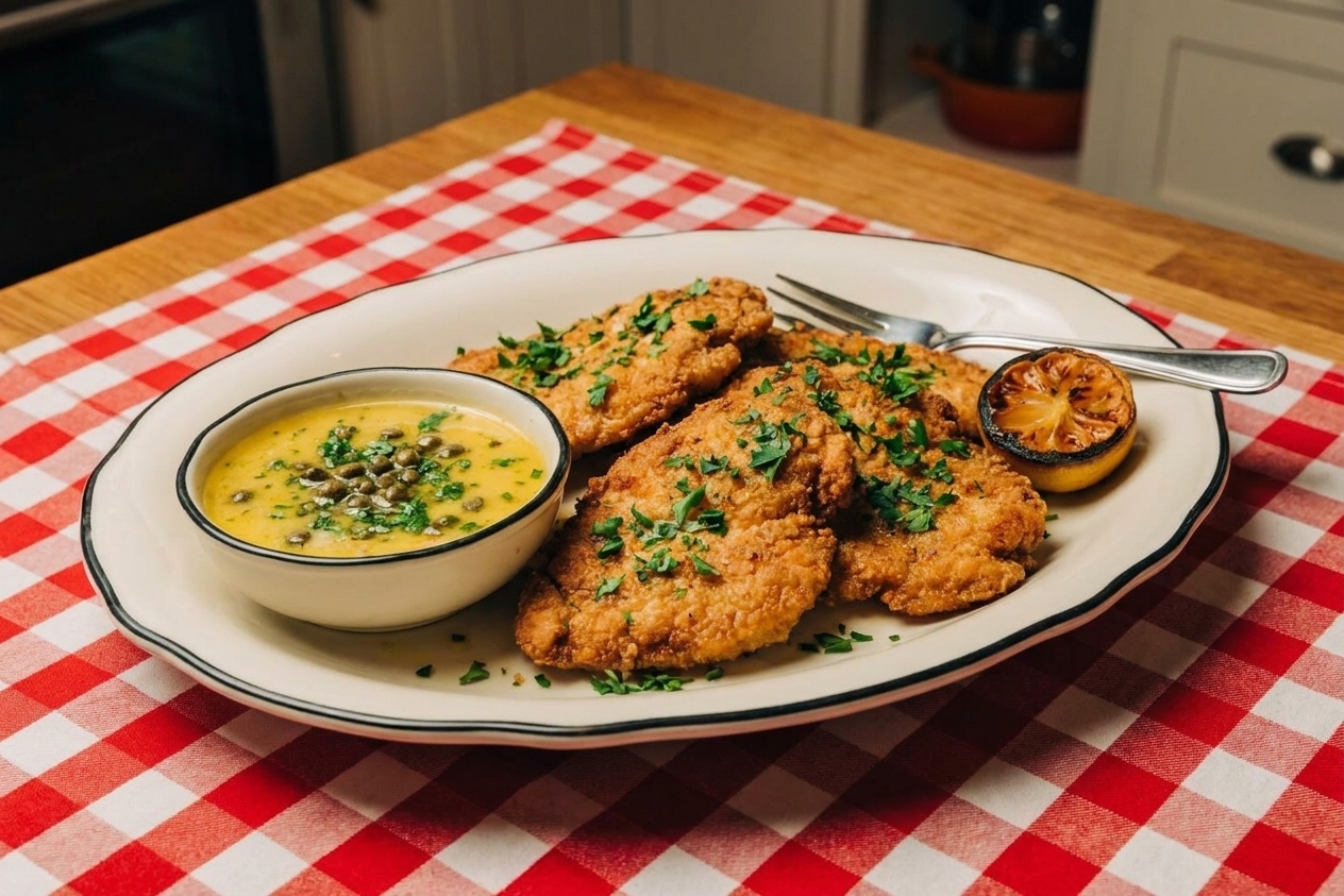 Crispy chicken cutlets on a serving platter with a small bowl of lemon-caper butter sauce and scattered chopped parsley on a warmly lit dining table