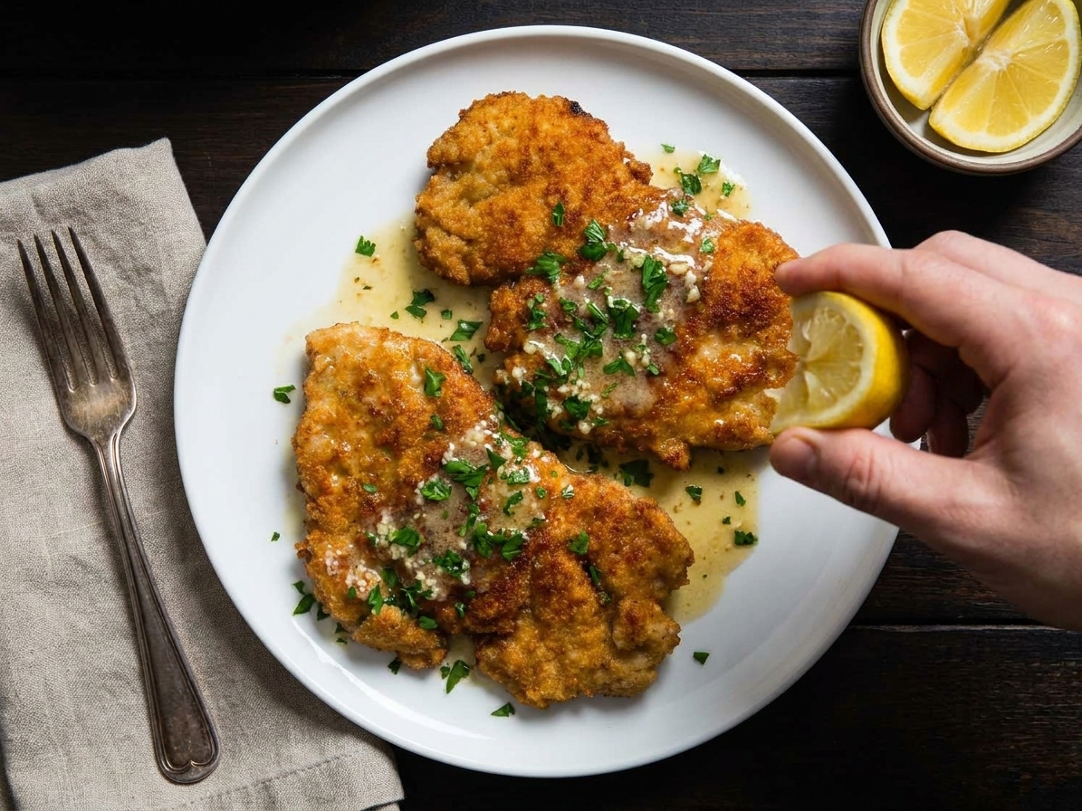 Crispy chicken cutlets plated with lemon-Parmesan sauce and parsley on a simple table setting with a fork, napkin, and lemon wedges