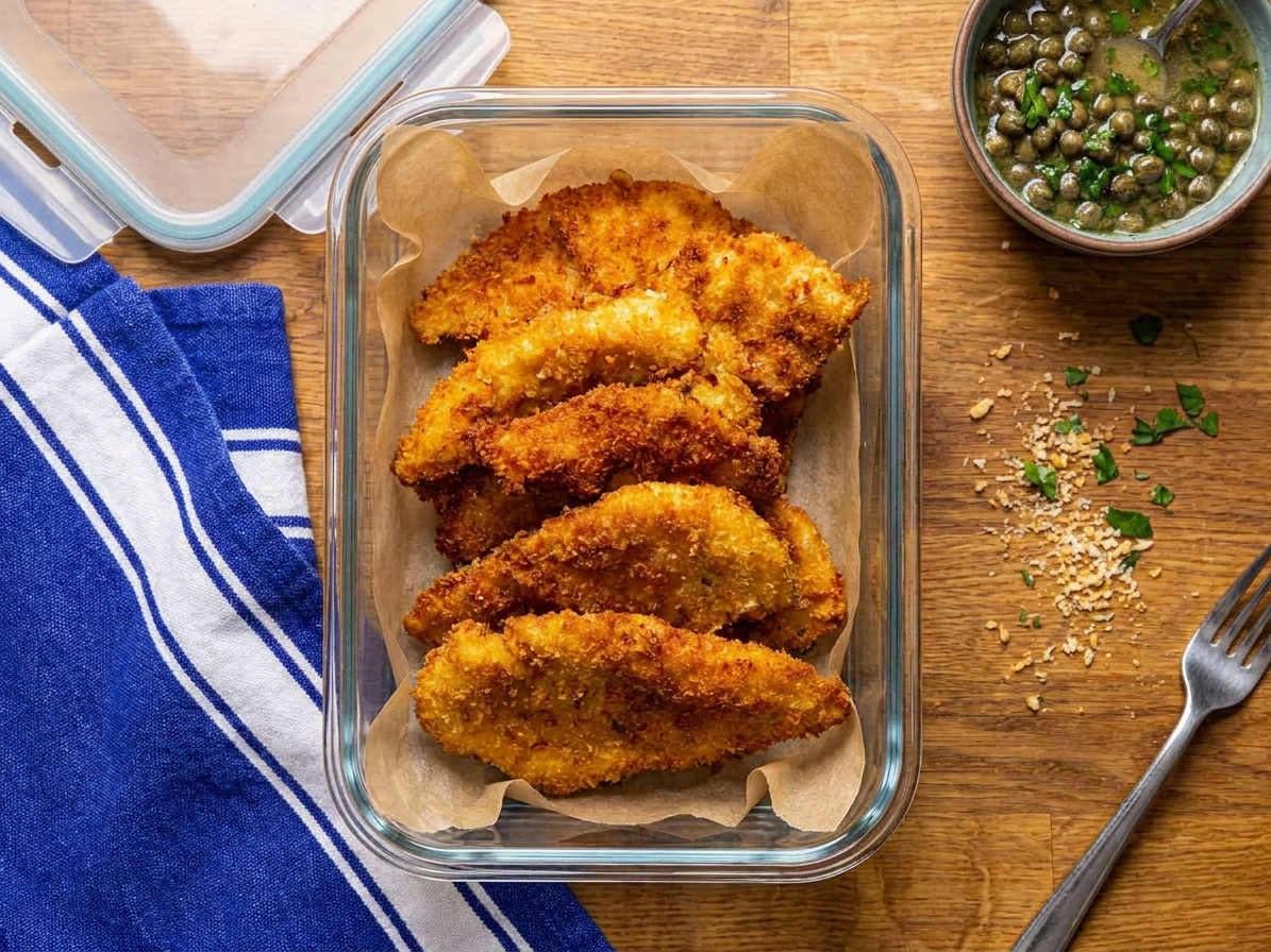 Crispy chicken cutlets resting in a glass airtight container lined with parchment paper on a kitchen counter