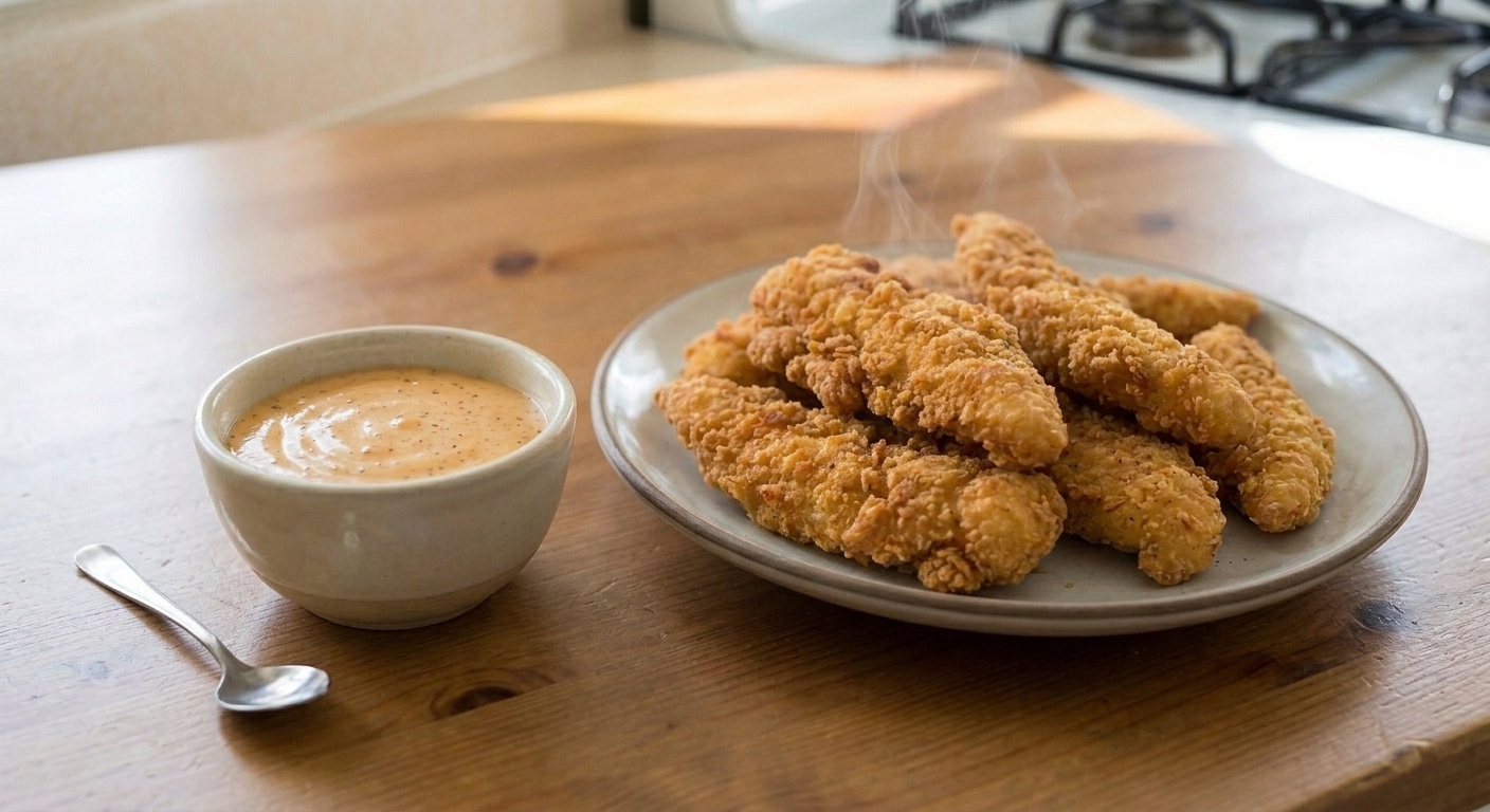 Crispy chicken fingers arranged on a plate with a small ramekin of creamy pepper-speckled dipping sauce on the side
