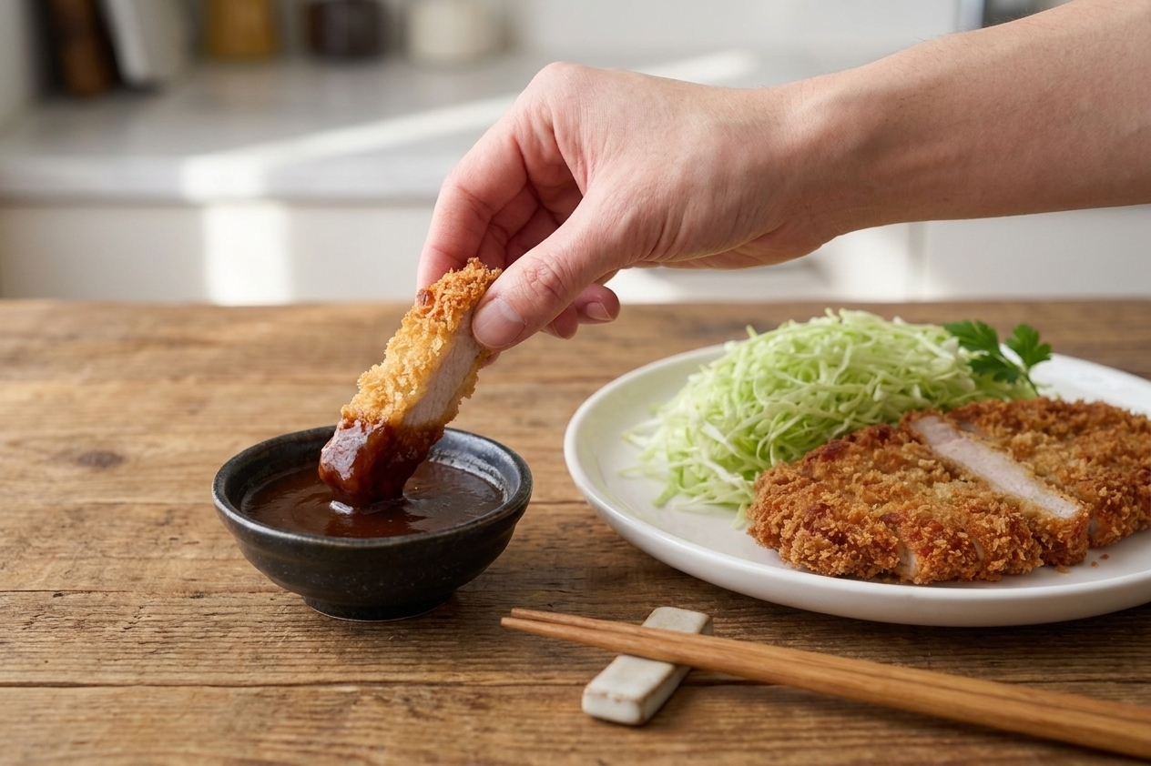 Crispy chicken katsu slices being dipped into a small bowl of katsu sauce on a wooden table