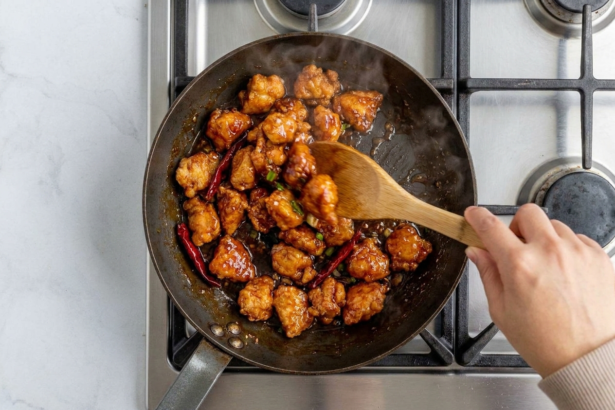 Crispy chicken pieces being tossed in a glossy dark sweet-spicy sauce in a large skillet on a stovetop, with a wooden spoon mid-stir