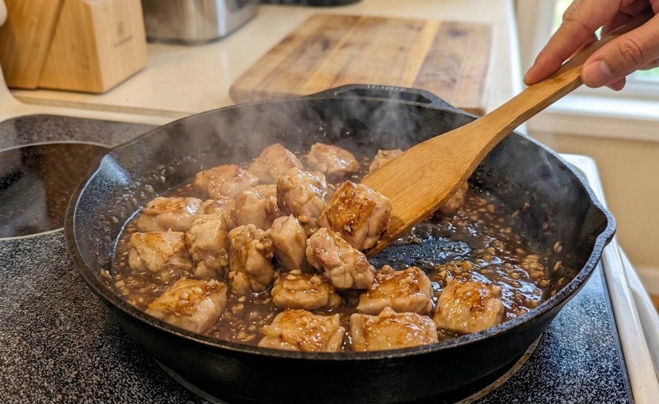 Crispy chicken pieces being tossed in a glossy sauce in a skillet on the stove