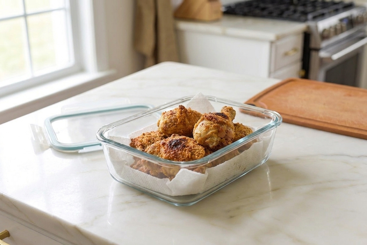 Crispy chicken pieces stored in a glass meal prep container lined with a paper towel on a kitchen counter