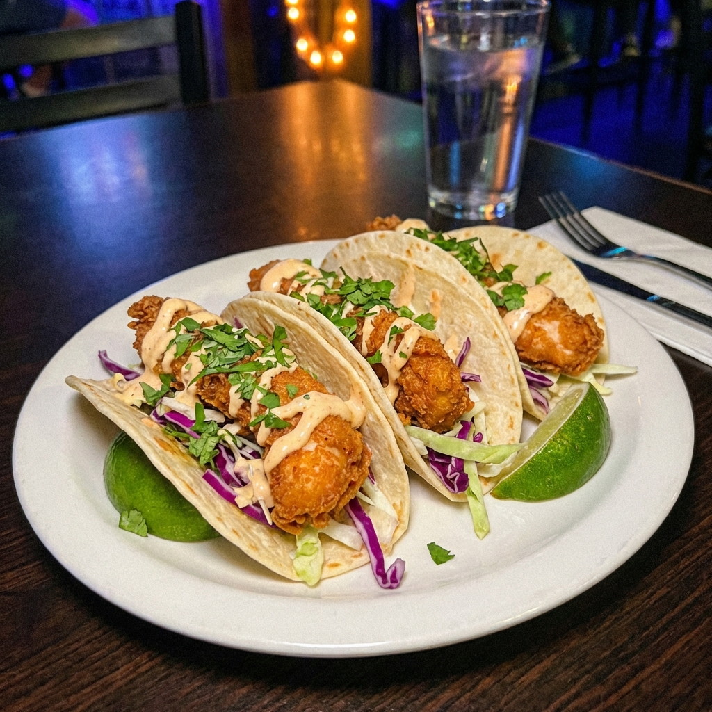 Crispy chicken tacos on a plate with shredded cabbage and lime wedges