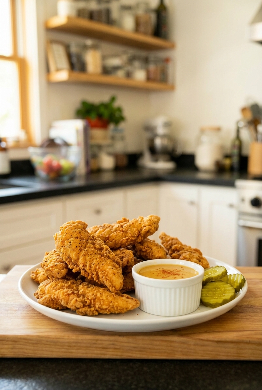 Crispy chicken tenders on a plate with a dipping sauce cup and pickles nearby