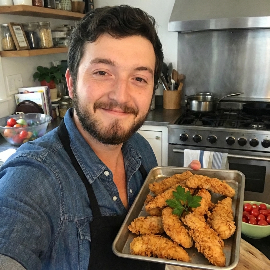 Crispy chicken tenders on a tray