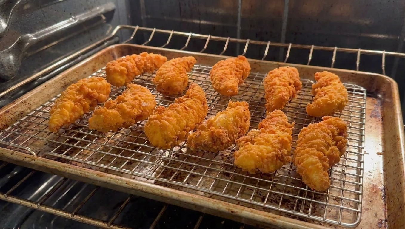 Crispy chicken tenders reheating on a wire rack over a sheet pan in a home kitchen oven