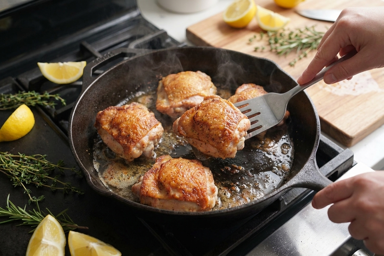 Crispy chicken thighs sizzling in a well-seasoned cast iron skillet on a stovetop with lemon wedges and herbs nearby