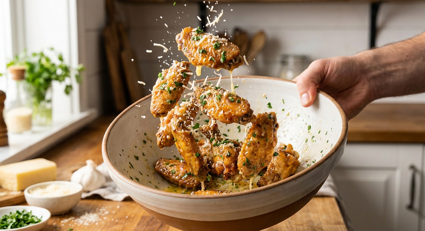 Crispy chicken wings in a bowl being tossed with melted garlic butter, chopped parsley, and grated parmesan