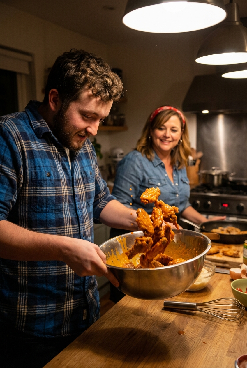 Crispy chicken wings in a large bowl being tossed with bright orange Buffalo sauce
