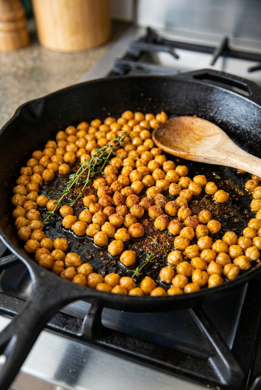 Crispy chickpeas browning in a cast iron skillet with spices and olive oil
