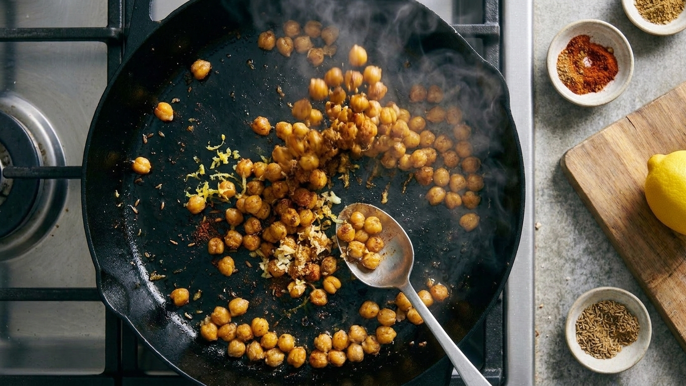 Crispy chickpeas in a skillet being tossed with toasted spices, grated garlic, and fresh lemon zest, with steam rising from the pan