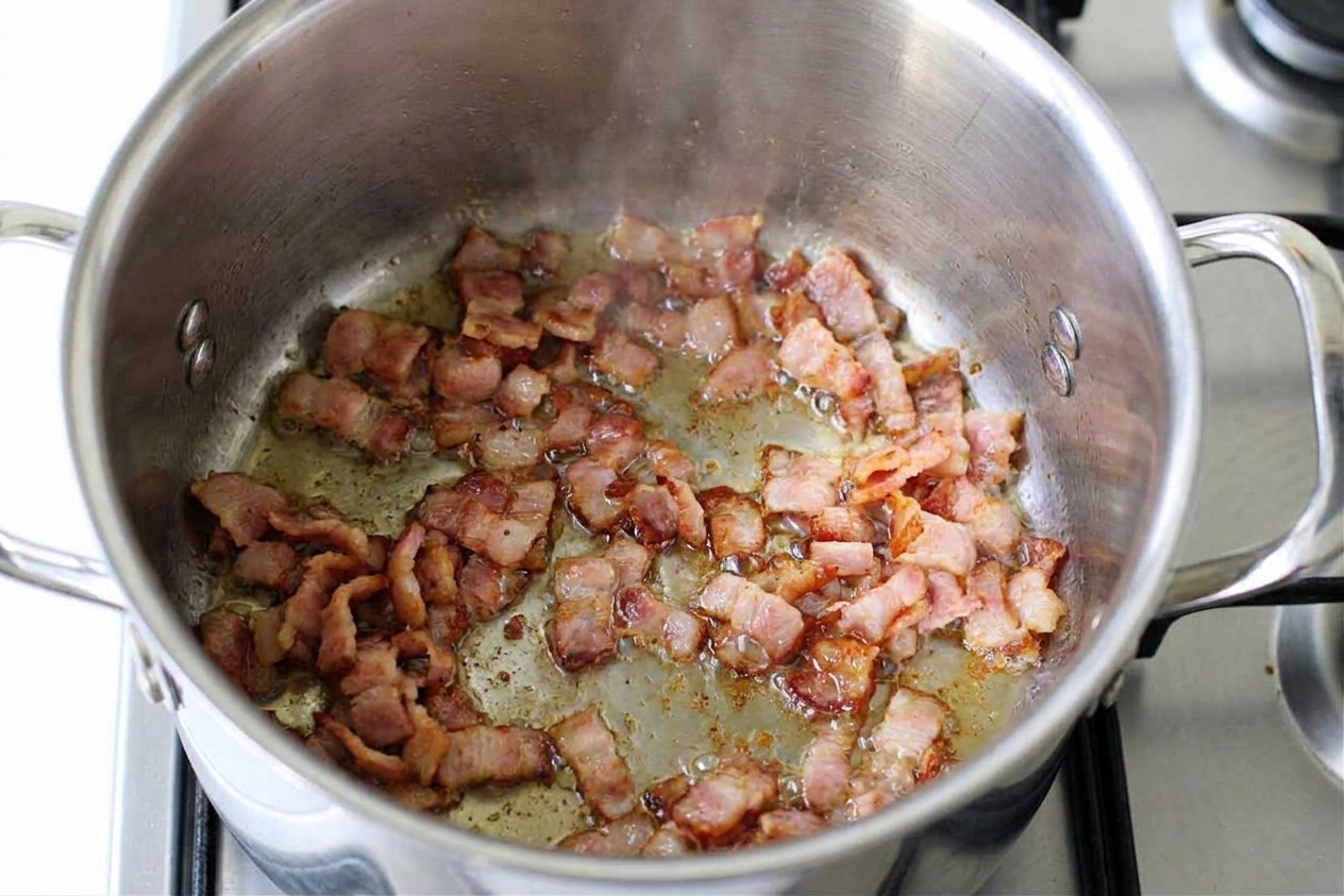 Crispy chopped bacon cooking in a large pot on the stove with rendered fat glistening at the bottom