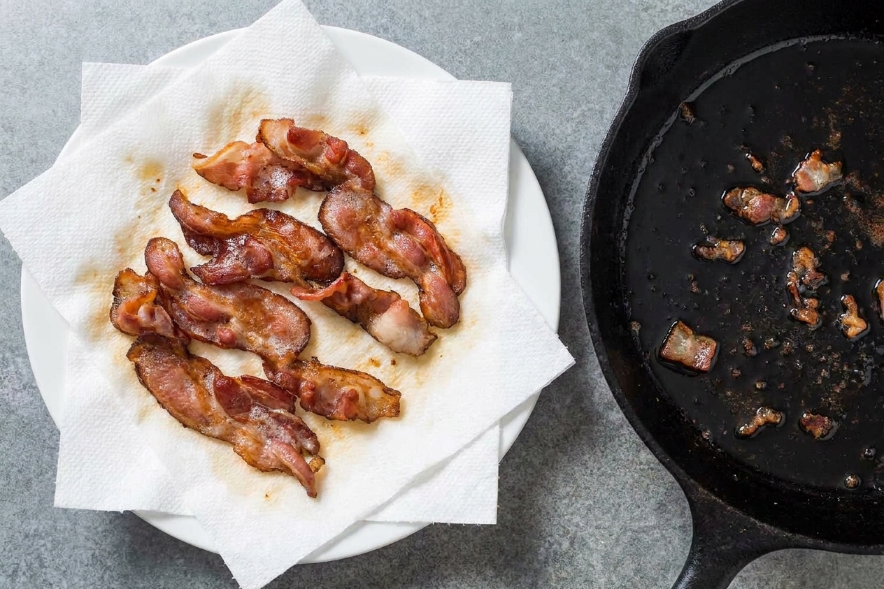 Crispy cooked bacon pieces draining on a paper towel lined plate next to a skillet