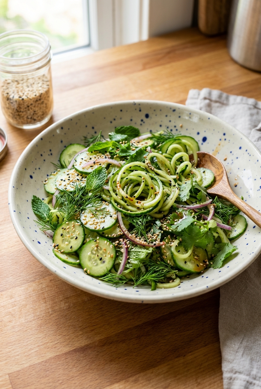 Crispy cucumber salad with herbs and sesame seeds in a shallow bowl