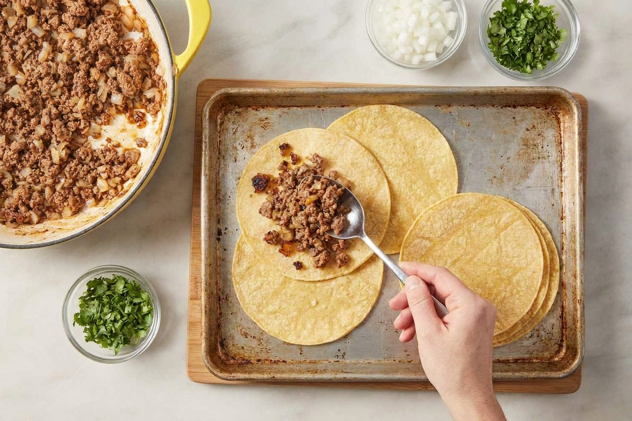 Crispy-edged ground taco meat being spooned into warm corn tortillas on a sheet pan with diced onion and cilantro nearby