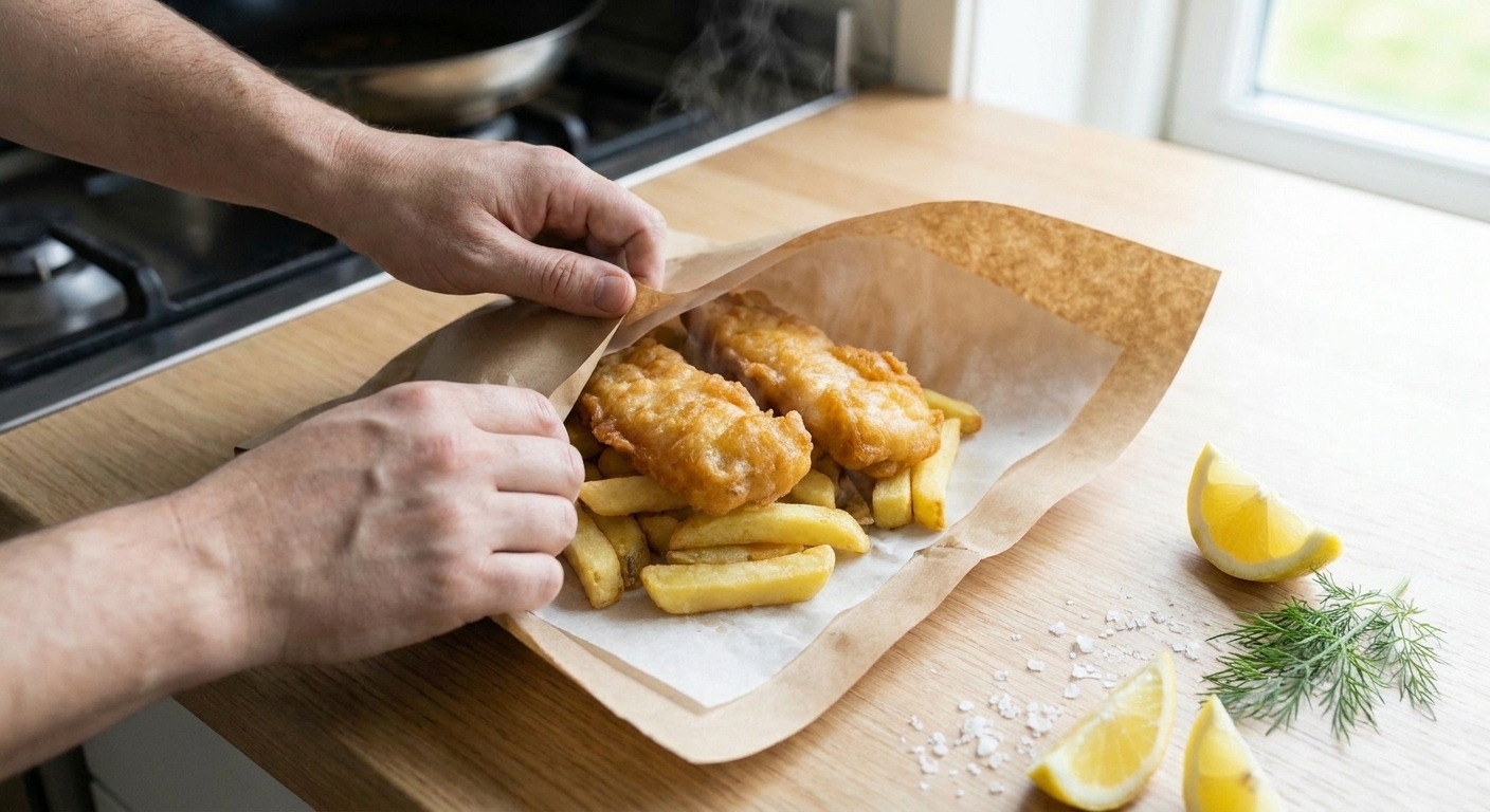 Crispy fish and chips being tucked into parchment and kraft paper on a kitchen counter with lemon wedges nearby