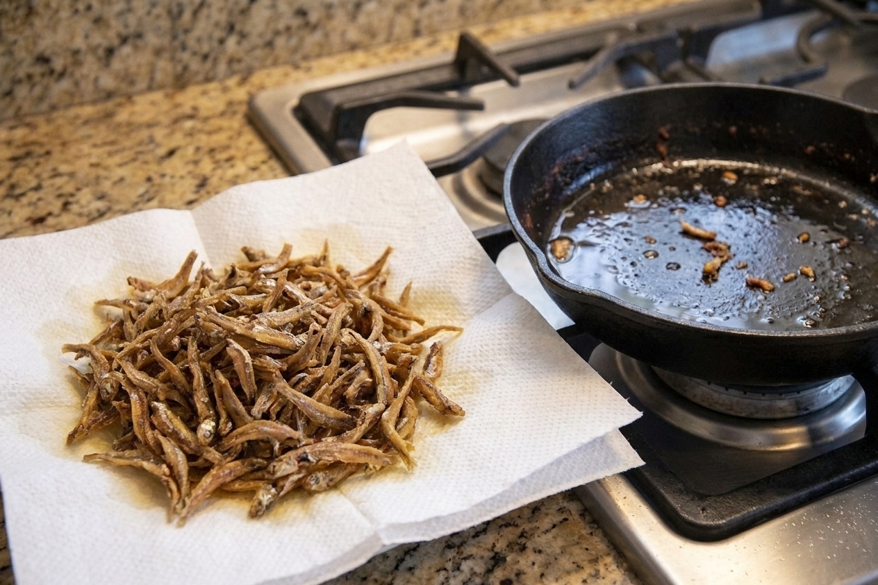 Crispy fried anchovies draining on paper towels next to a skillet on a kitchen counter